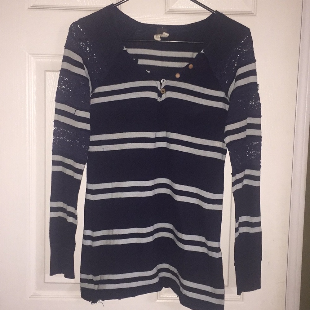 Free People Blue Striped Long Sleeve with Lace